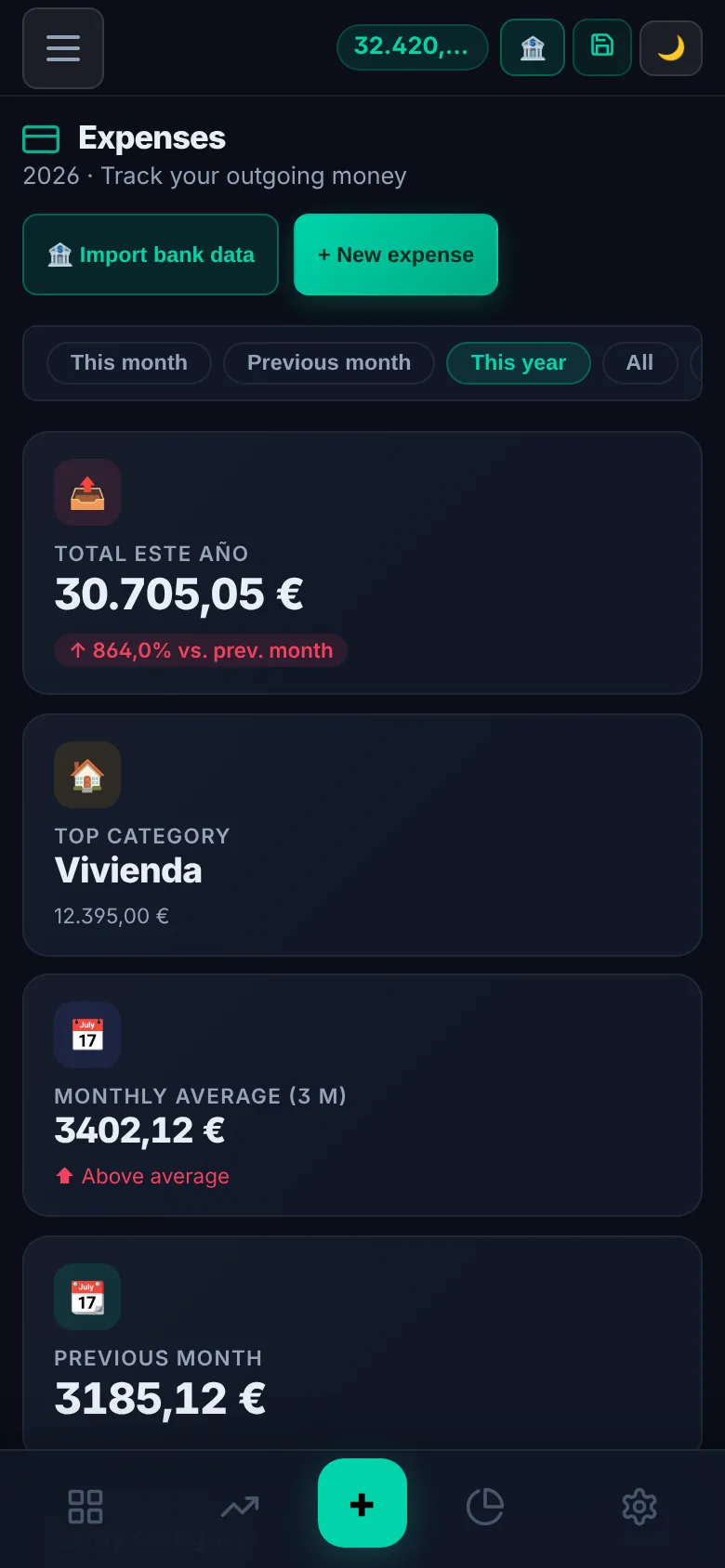 MoneyNest expenses screen on a phone